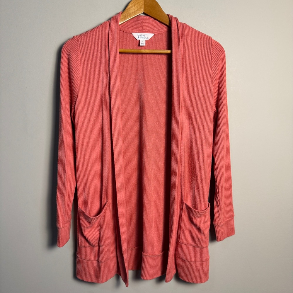 Market‎ & Spruce Coral Ribbed Cardigan Sweater Open Front Pockets Size Small